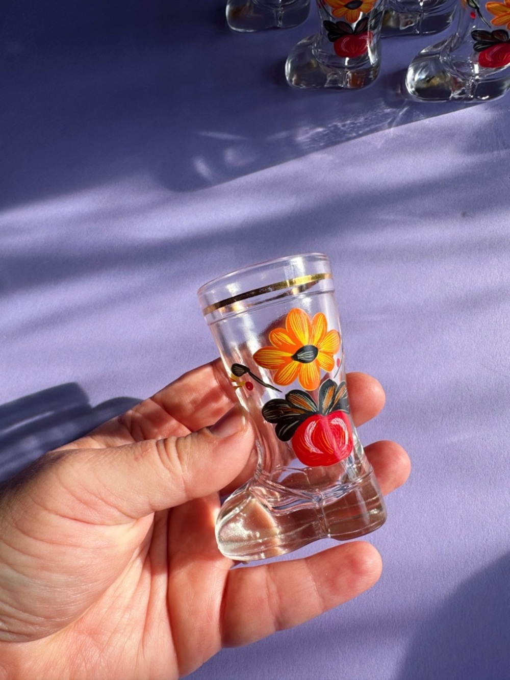 Set Of Mod Dep Glass Boot Shot Glasses Flower Decor Italy Set of 6 - Picture 5 of 6